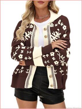 Womens Floral Knit Cardigan Button Down Long Sleeve Loose Fit Sweater